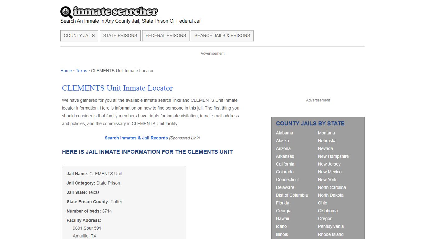 CLEMENTS Unit Inmate Locator - Inmate Searcher